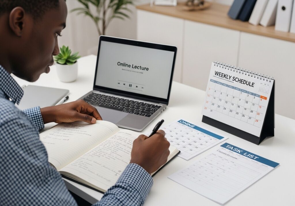 Nigerian student-professional planning weekly schedule in a notebook, calendar and task list visible, laptop open with online lecture paused, structured routine visual