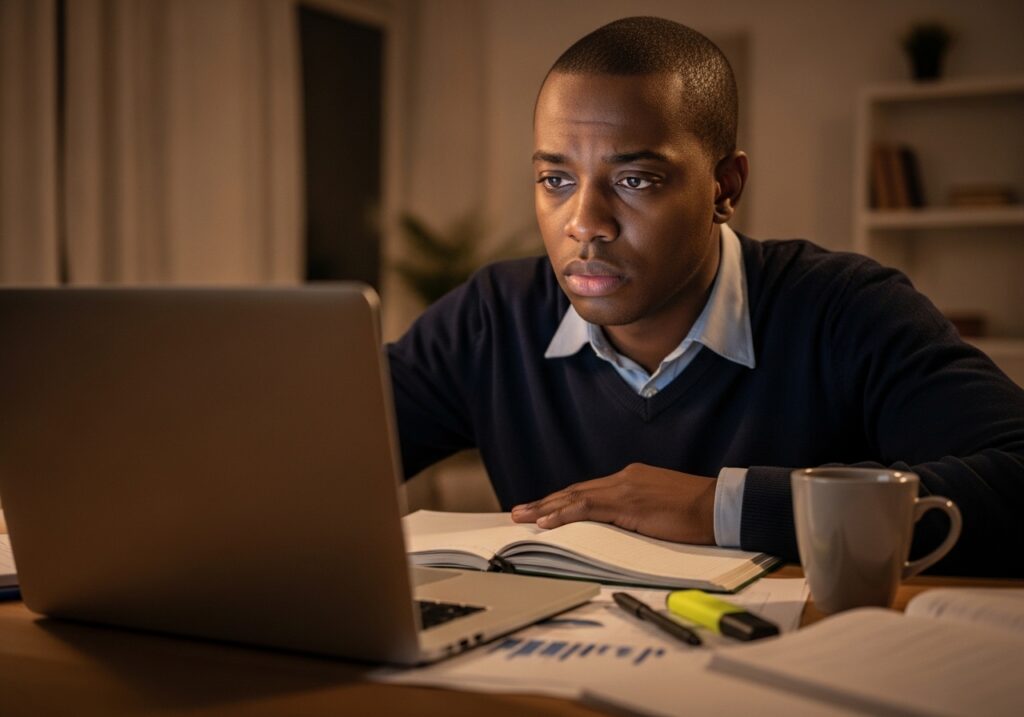Tired professional looking at laptop late at night, unfinished work tasks and study notes visible, realistic fatigue without exaggeration