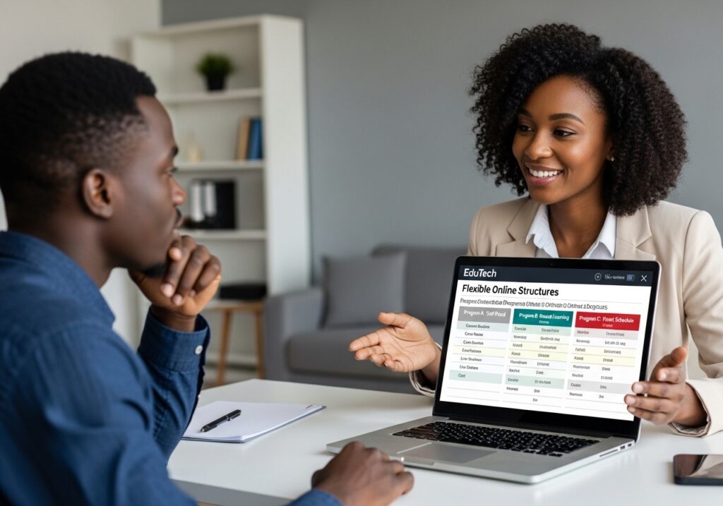 EduTech Business advisor explaining flexible online degree options to a working Nigerian student via laptop, comparison of program structures visible