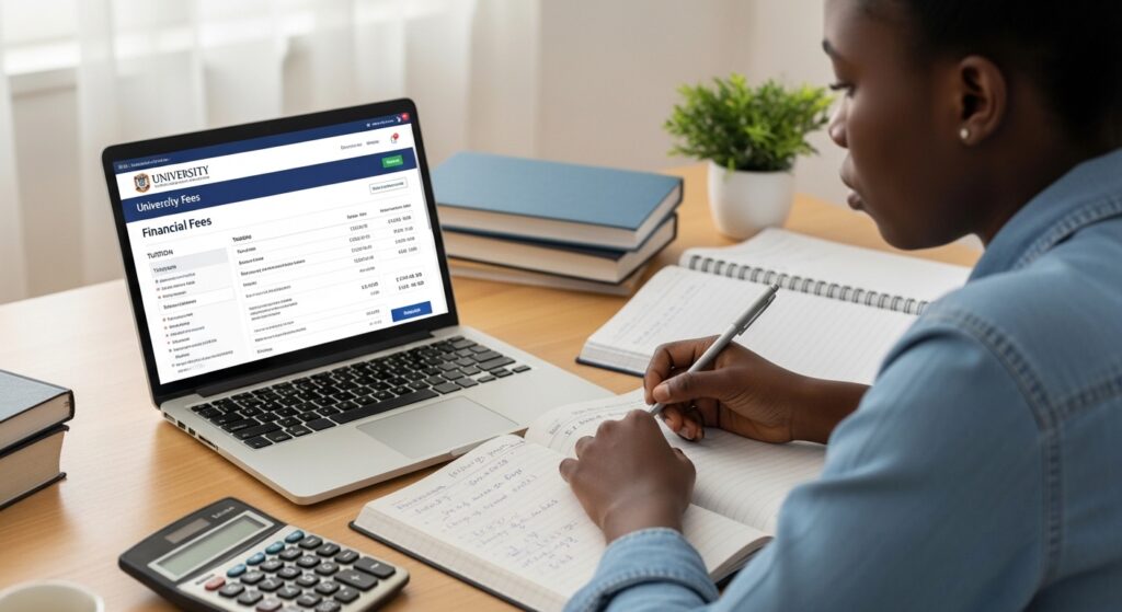 Nigerian student reviewing online university fees on a laptop, calculator and notebook open for budgeting, focused expression, realistic financial planning setting