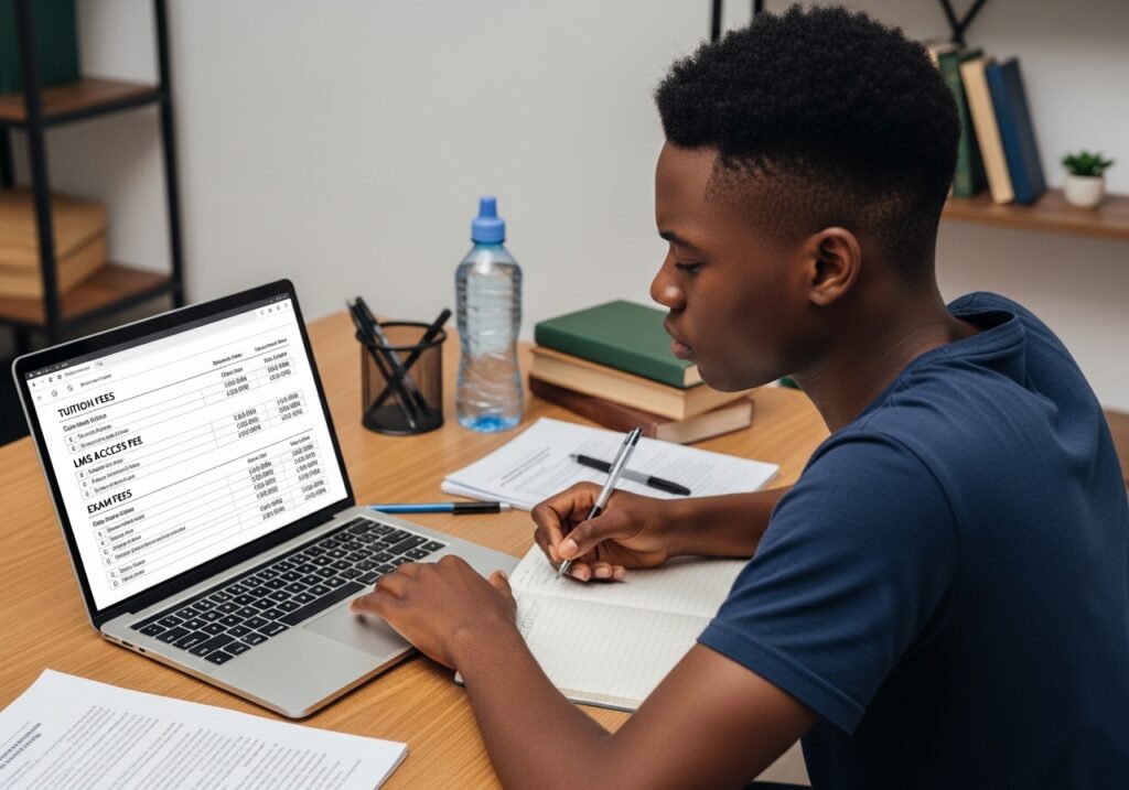 Laptop screen showing breakdown of tuition, LMS access, and exam fees, Nigerian student reviewing details carefully, organized desk with documents to check online university fees.