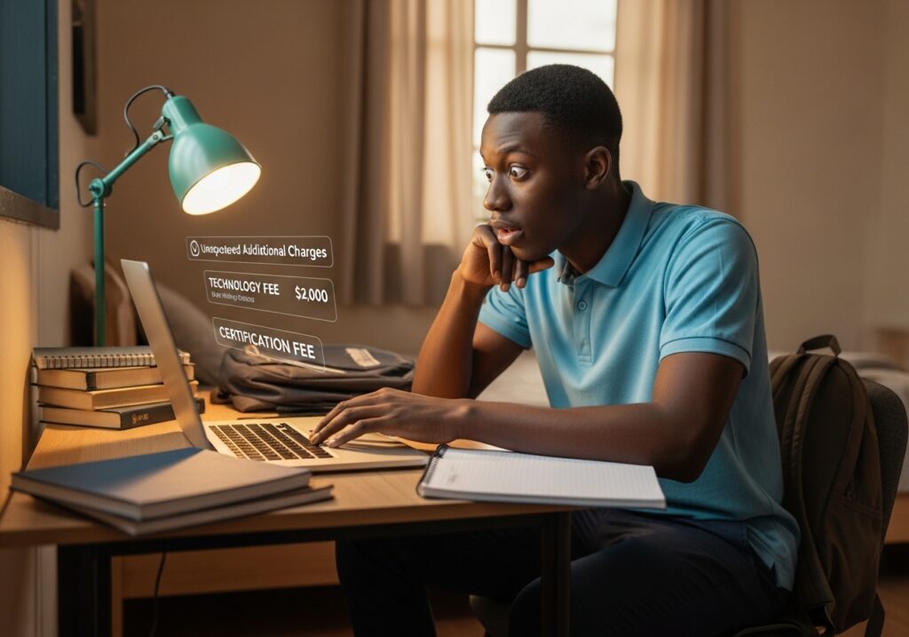 Student surprised while reading additional charges on screen such as technology or certification fees, thoughtful expression, realistic reaction