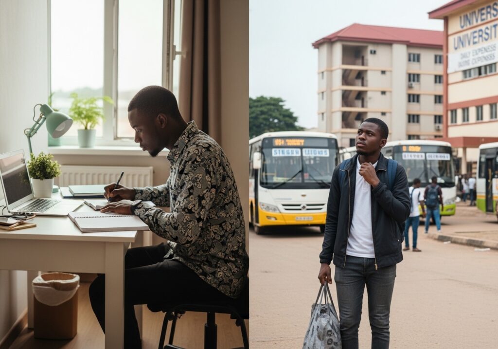 Split scene showing Nigerian student studying from home on one side and campus life with transport and accommodation costs on the other, visual cost comparison