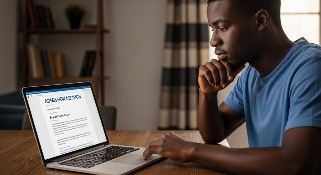 Nigerian student reading an online admission rejection email on a laptop, serious but calm expression, quiet home setting, emotional but realistic reaction. online admission appeal