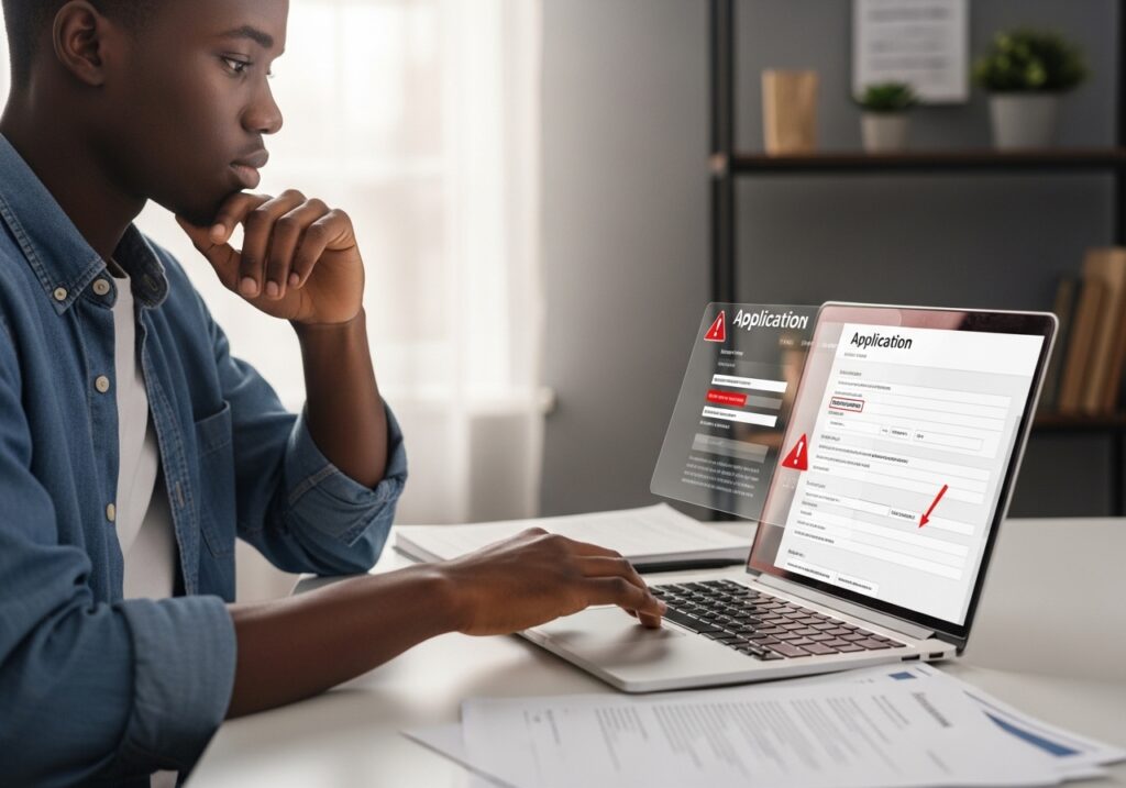 Student reviewing application documents and noticing missing paperwork or incorrect details on laptop, reflective and corrective moment fpr online admission appeal