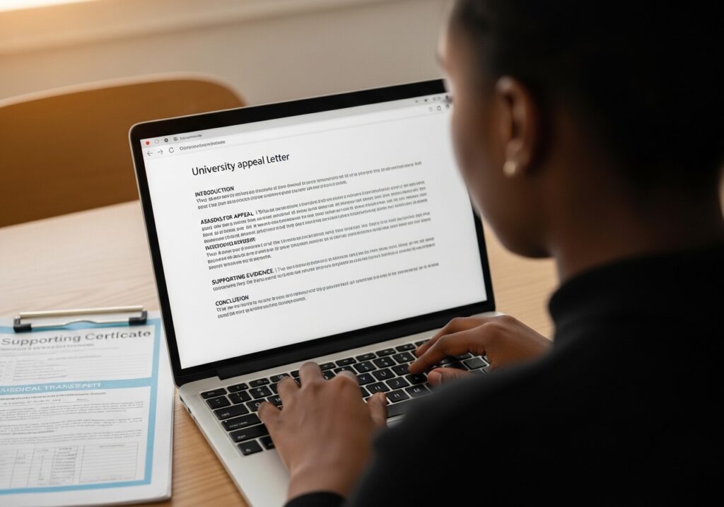 Close-up of laptop screen showing structured university appeal letter draft, Nigerian student typing carefully, supporting documents placed beside laptop