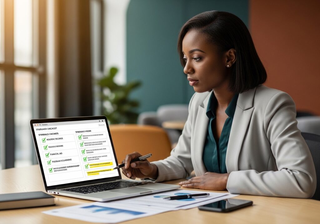 EduTech Business advisor reviewing student documents and eligibility on a laptop, structured checklist visible, professional guidance environment focused on improvement