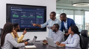 University admissions team in Nigeria reviewing a digital enrollment dashboard on a large screen, student inquiry numbers, application stages, and conversion metrics visible, marketing and admissions staff collaborating, modern office setting showing structured university enrollment strategy in action