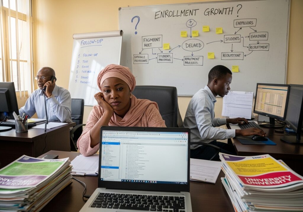 Nigerian university admissions office using spreadsheets and manual follow-up lists, unanswered emails on screen, marketing materials like flyers on desk, visible delay and fragmented student recruitment process