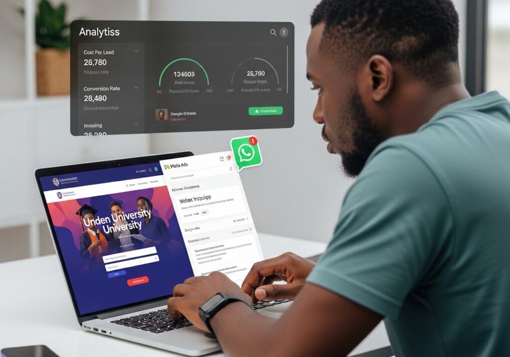 Digital marketing specialist running Meta Ads and Google Ads campaigns on laptop, landing page with lead form visible, WhatsApp notification pop-up for student inquiry, analytics dashboard showing cost per lead and conversion rate