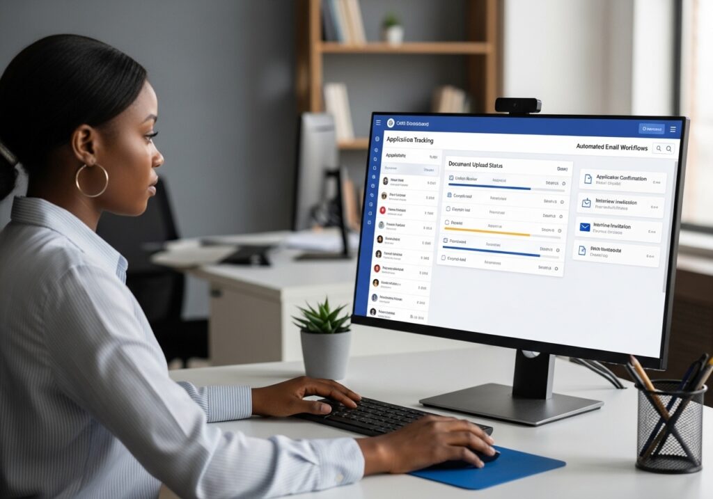 University admin using CRM dashboard with application tracking, document upload status, automated email workflows visible on screen, structured digital admission system replacing manual process