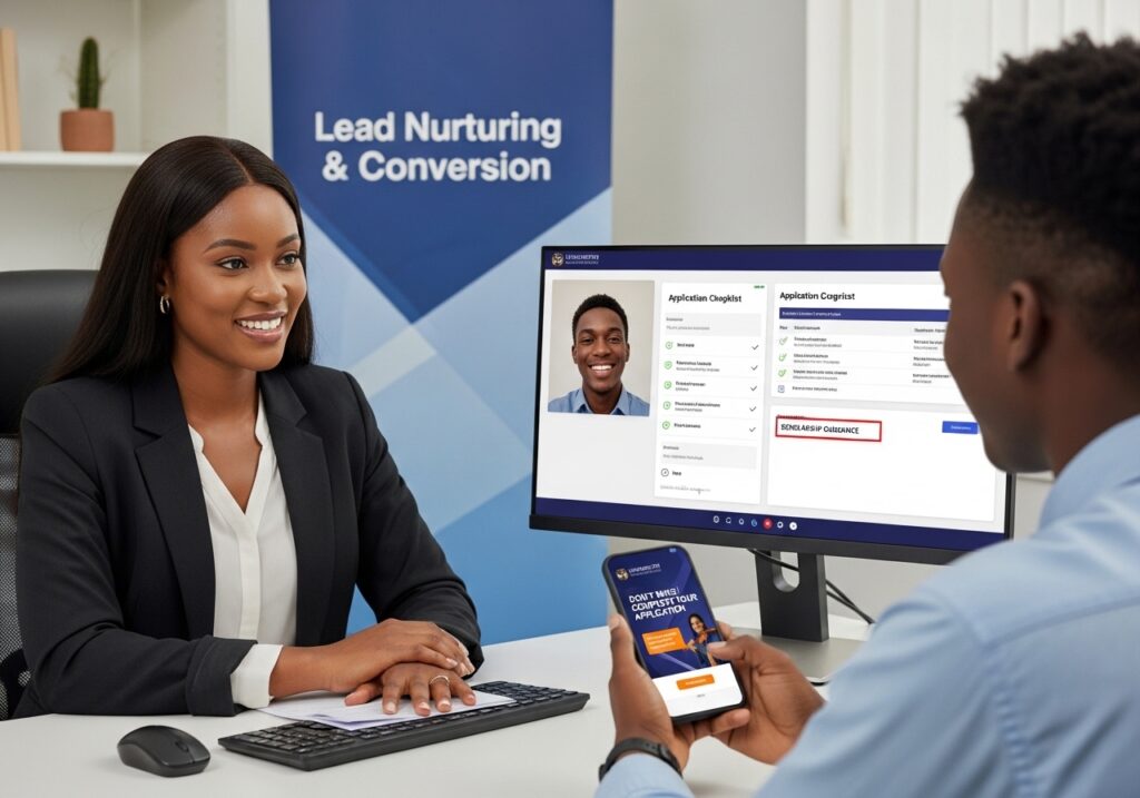 Student counselor speaking with prospective student over video call, application progress checklist visible on screen, scholarship guidance discussion, retargeting ad visible on student’s phone