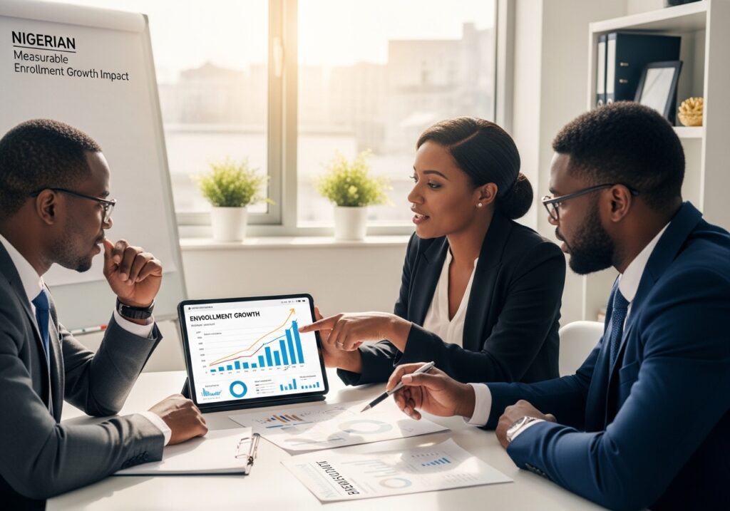 University leadership reviewing enrollment growth charts and conversion metrics on tablet, upward trend line visible, confident discussion around improved university enrollment strategy results