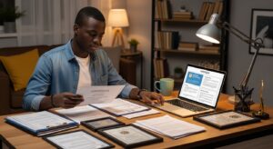 University admissions team in Nigeria reviewing a digital enrollment dashboard on a large screen, student inquiry numbers, application stages, and conversion metrics visible, marketing and admissions staff collaborating, modern office setting showing structured university enrollment strategy in action