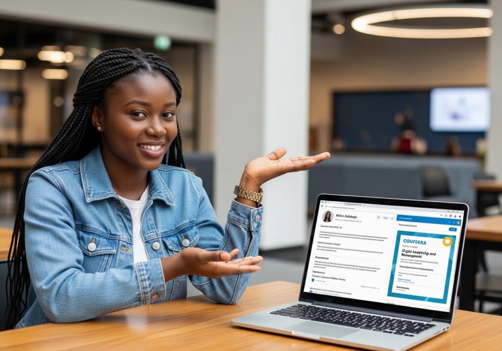 Student counselor speaking with prospective student over video call, application progress checklist visible on screen, scholarship guidance discussion, retargeting ad visible on student’s phone