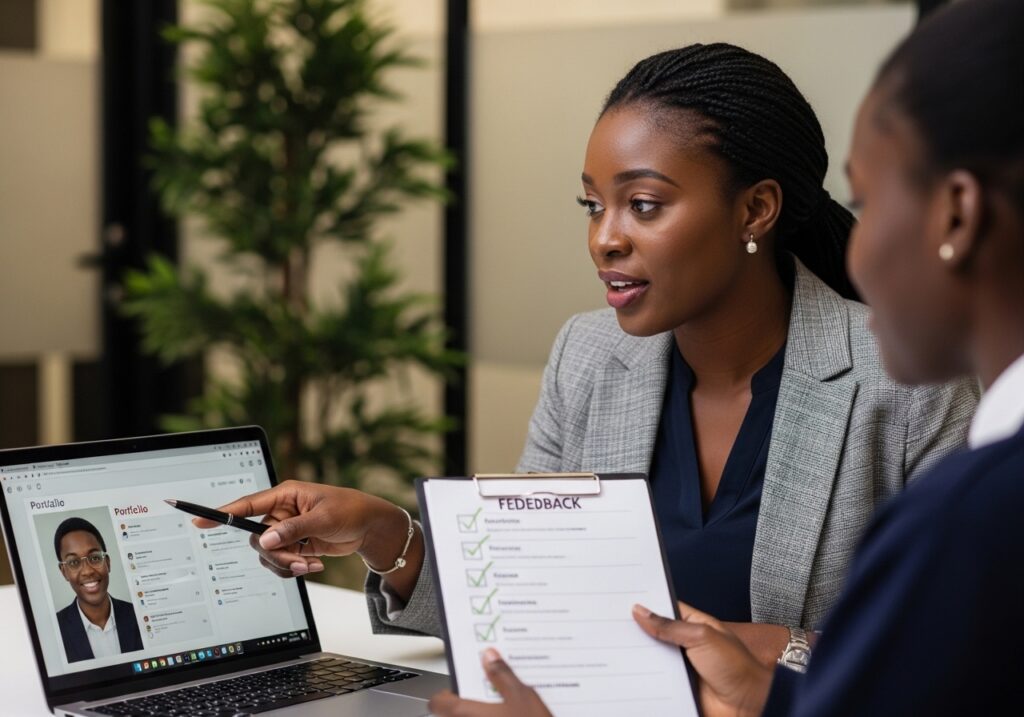 University leadership reviewing enrollment growth charts and conversion metrics on tablet, upward trend line visible, confident discussion around improved university enrollment strategy results