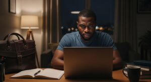 Nigerian working professional studying on a laptop at night after work, office bag and notebook on desk, focused expression showing balance between job and part-time degree studies in a realistic home environment