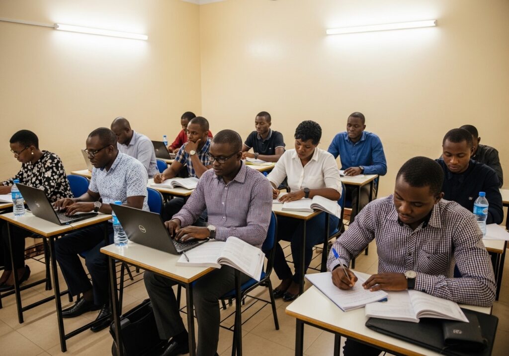 Small classroom with Nigerian adult students attending evening lecture, lecturer teaching while students take notes with laptops and notebooks, realistic university evening program setting