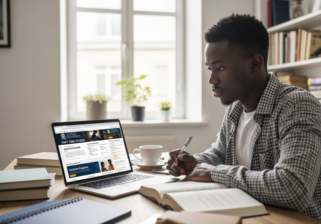 Nigerian student researching part-time university programs on laptop, multiple university websites open on screen, admission requirements and Part-time degree programs