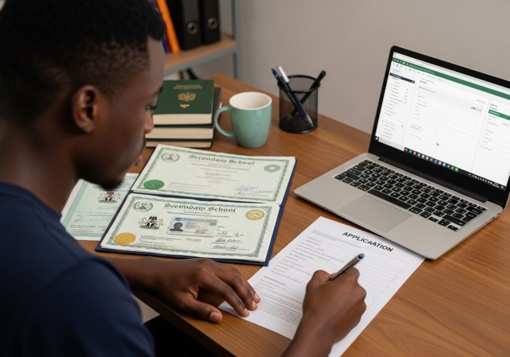 Student reviewing application documents on desk including secondary school certificates, identification documents, and application form on laptop