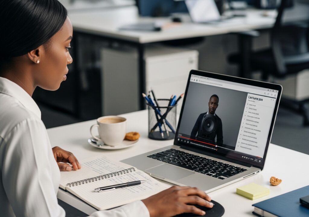 Nigerian employee studying online course material during break at workplace, laptop open with lecture video and notes visible