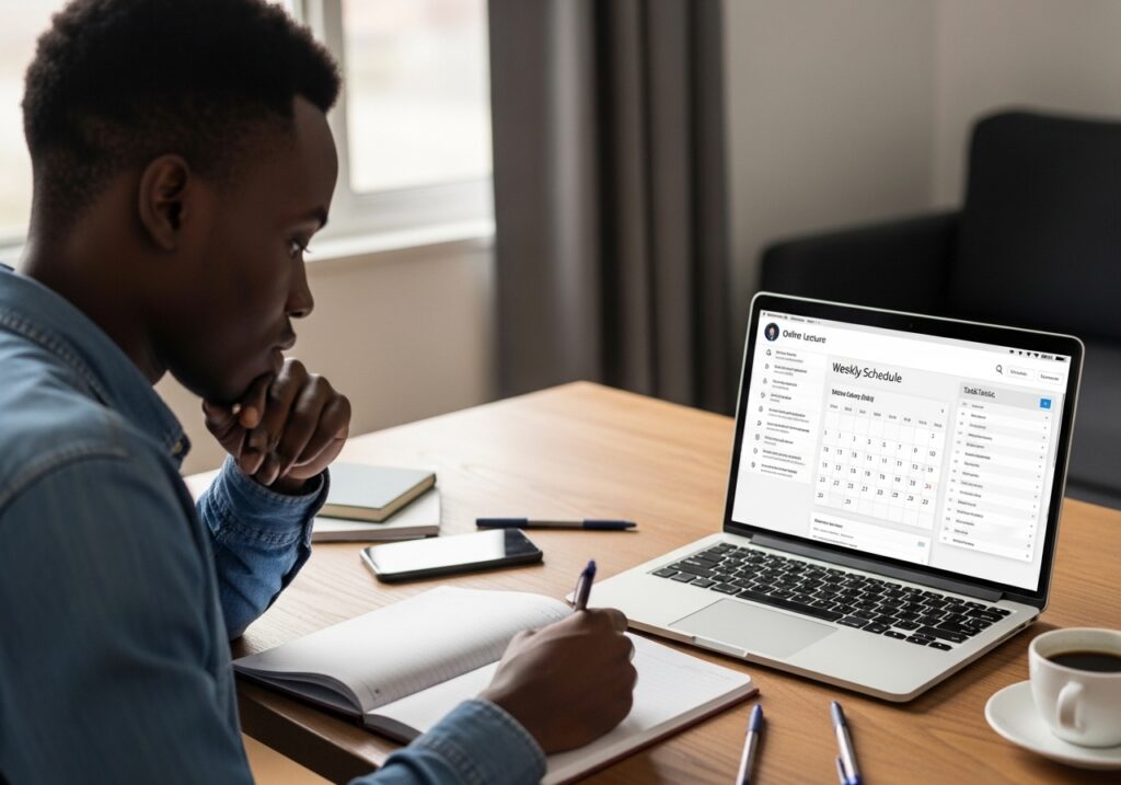 Working student planning weekly schedule in notebook beside laptop showing online lecture interface, calendar and task list visible for time management