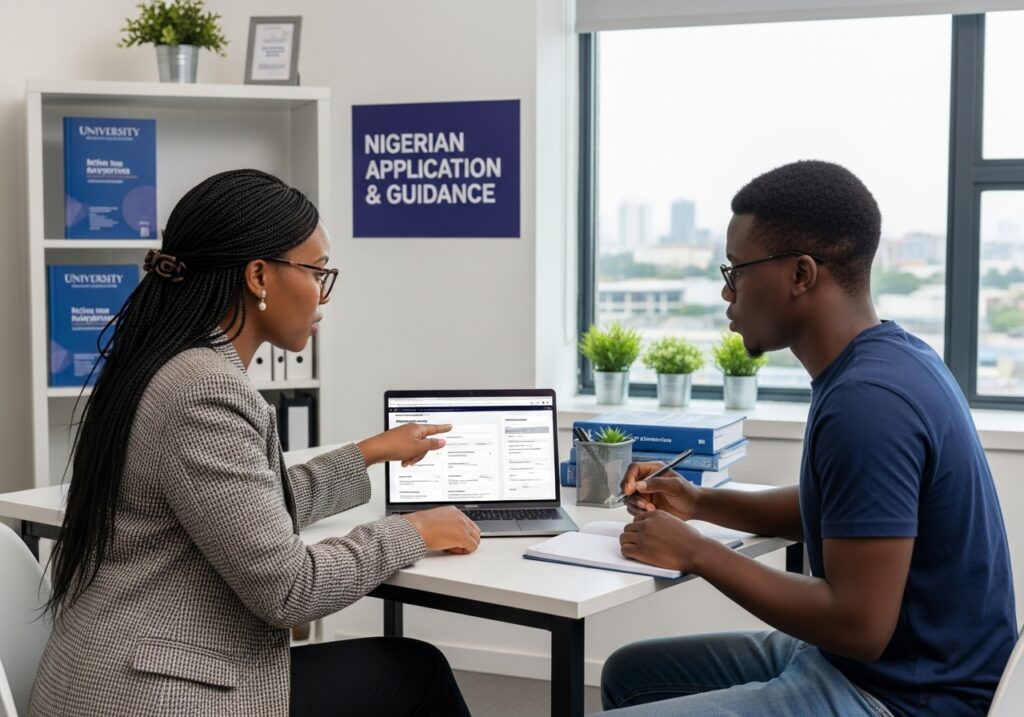 Education counselor guiding Nigerian student through university application options on laptop, discussing flexible degree programs in a professional advisory setting