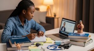 Nigerian nursing student attending online healthcare lecture on laptop while reviewing medical notes and textbooks, stethoscope and nursing materials on desk, focused study environment in online nursing degree.