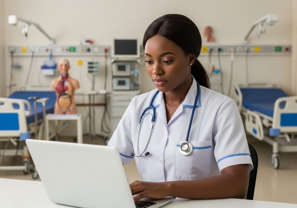 Nursing student attending online nursing degree theory class on laptop while wearing medical training uniform, hospital training environment in background