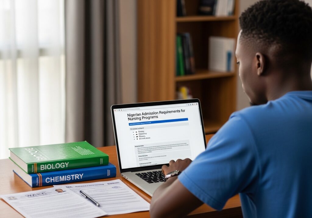 Student reviewing science subject requirements and application documents on laptop, biology and chemistry textbooks placed beside computer in an online nursing degree.