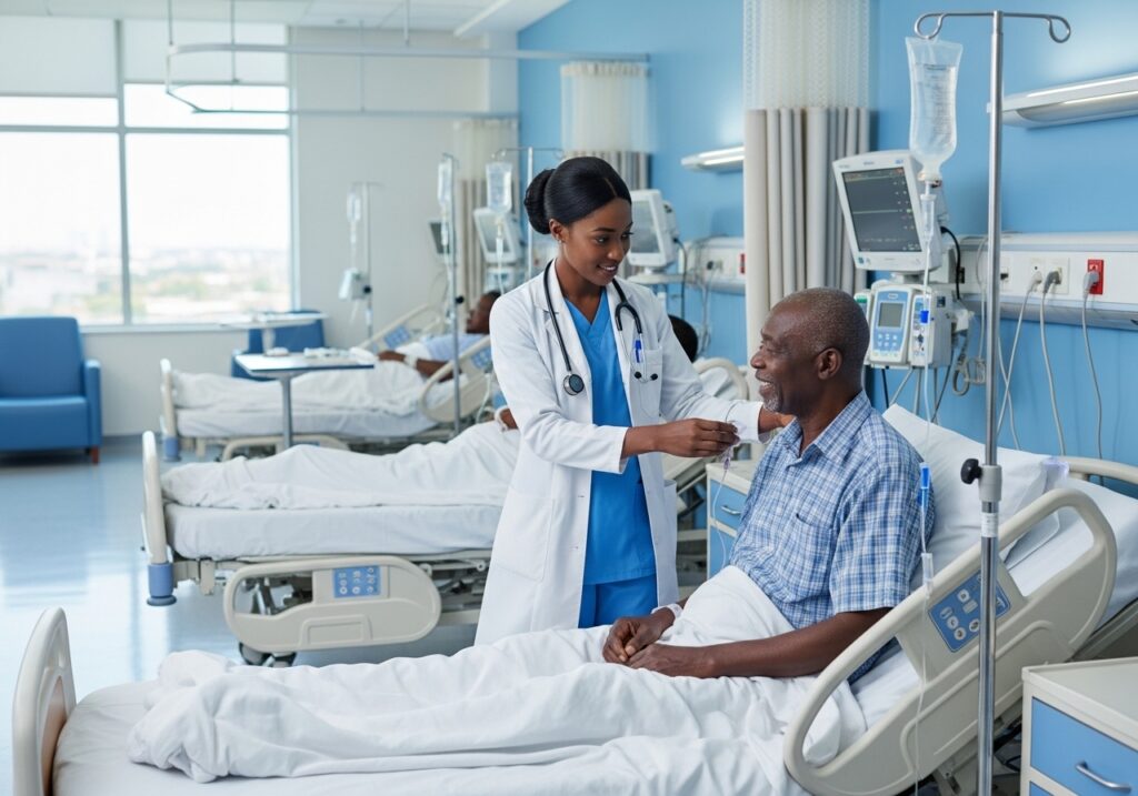 Registered nurse working in hospital ward assisting patient, modern healthcare setting showing real career outcome in an online nursing degree