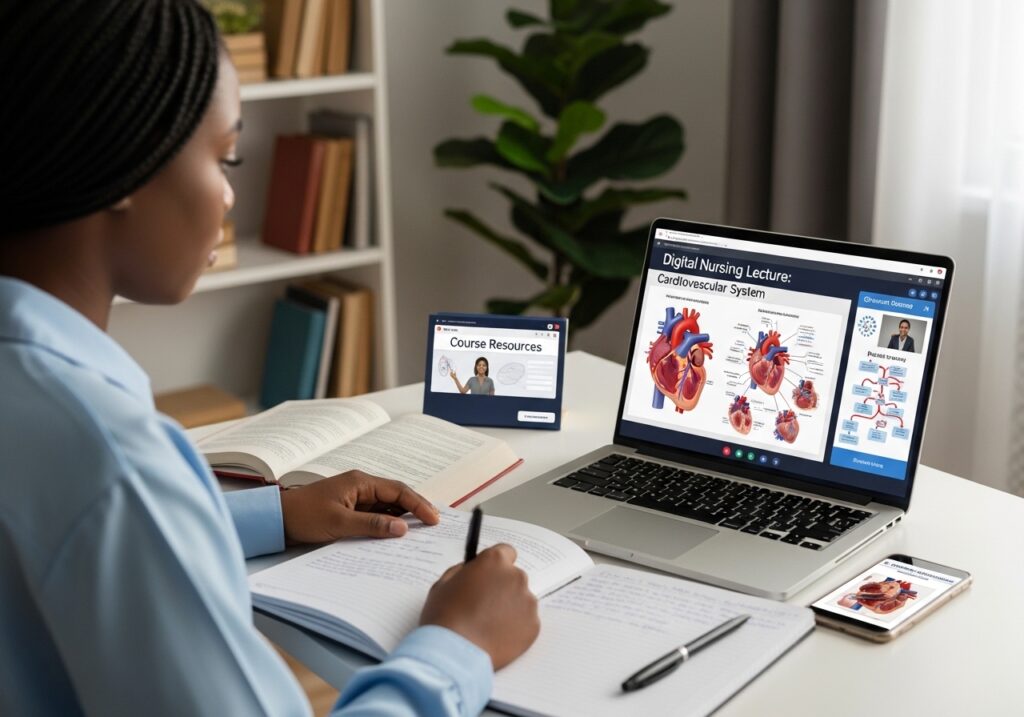 Student attending digital nursing lecture with medical diagrams on screen, accessing course resources from home study environment