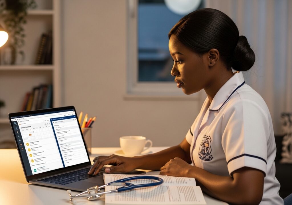 Nursing student balancing online coursework with clinical practice schedule, reviewing training timetable and coursework on laptop