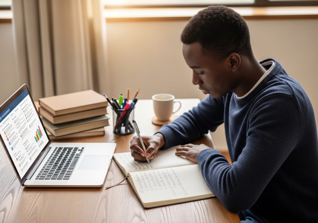 Student taking notes while studying online to choose the right career path