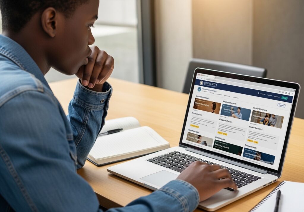 Student using laptop to explore university programs and choose the right career path