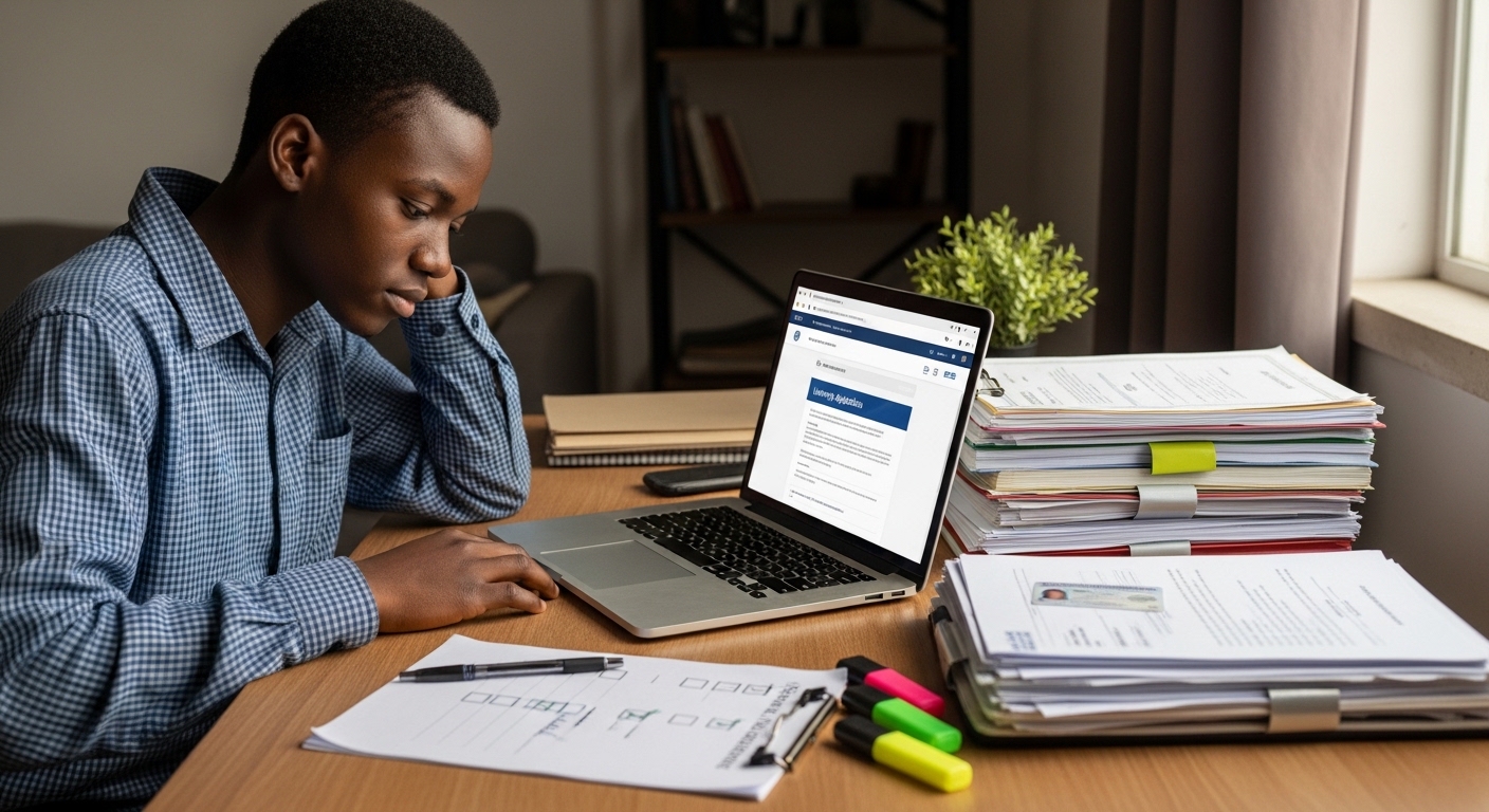 Student sitting at a desk organizing university application materials, laptop open with an application portal, documents like certificates, transcripts, and ID neatly placed, a checklist visible on paper, focused and organized preparation environment . University Application Preparation Guide