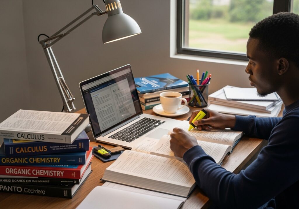 Student studying seriously with textbooks and laptop, reviewing important subjects required for chosen program, highlighting notes, focused and disciplined study setup .University Application Preparation Guide