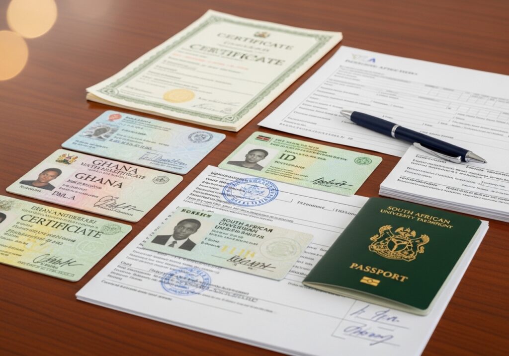 Close-up of neatly arranged documents including academic certificates, transcripts, identification documents, and printed forms placed on a desk in an organized manner . University Application Preparation Guide