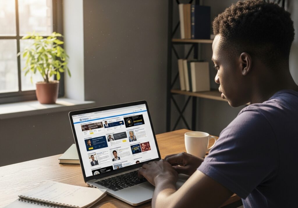Student browsing different university websites on laptop, comparing courses, curriculum, and program details, multiple tabs open, focused evaluation process