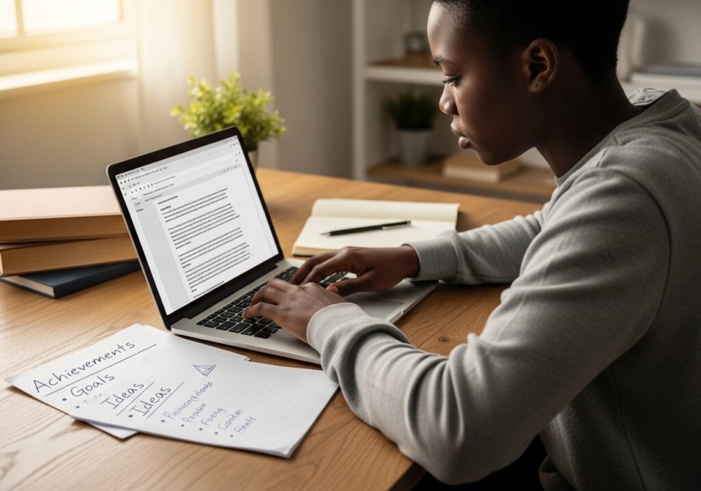 Student typing a personal statement on laptop, notes beside them listing achievements, goals, and ideas, calm environment showing concentration and effort .University Application Preparation Guide