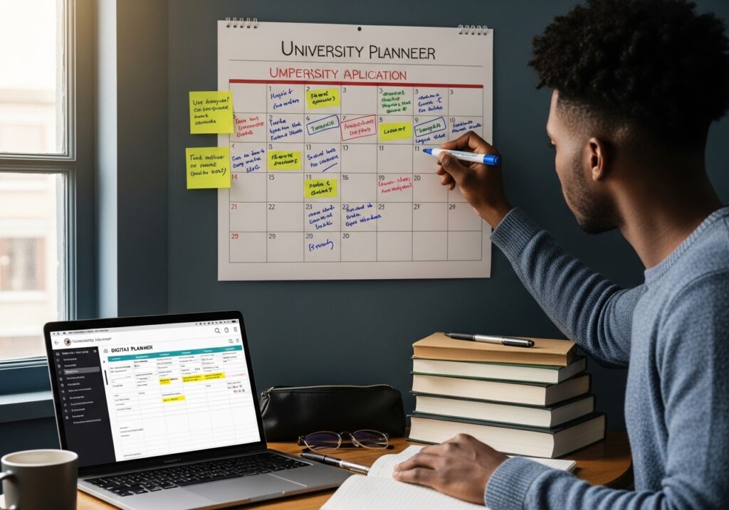 Student marking important deadlines on a calendar or digital planner, laptop open with application dates visible, organized planning moment