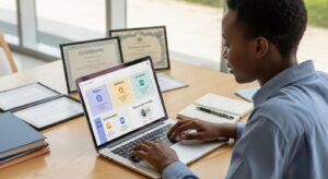 Student sitting at a clean desk working on a laptop, building a digital student portfolio, screen showing sections like projects, certificates, achievements, and extracurricular activities, organized workspace with files, certificates, and notes placed neatly, focused and motivated expression