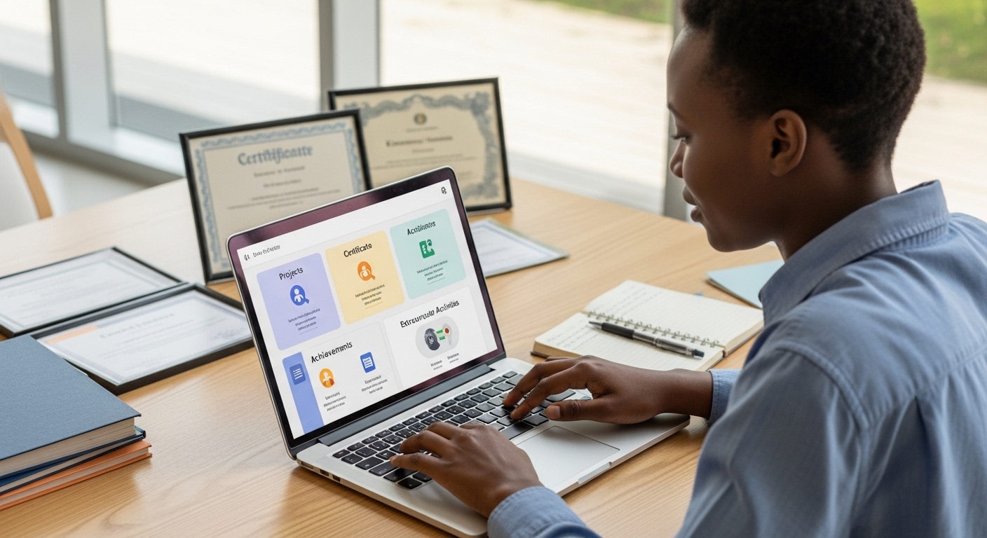Student sitting at a clean desk working on a laptop, building a digital student portfolio, screen showing sections like projects, certificates, achievements, and extracurricular activities, organized workspace with files, certificates, and notes placed neatly, focused and motivated expression