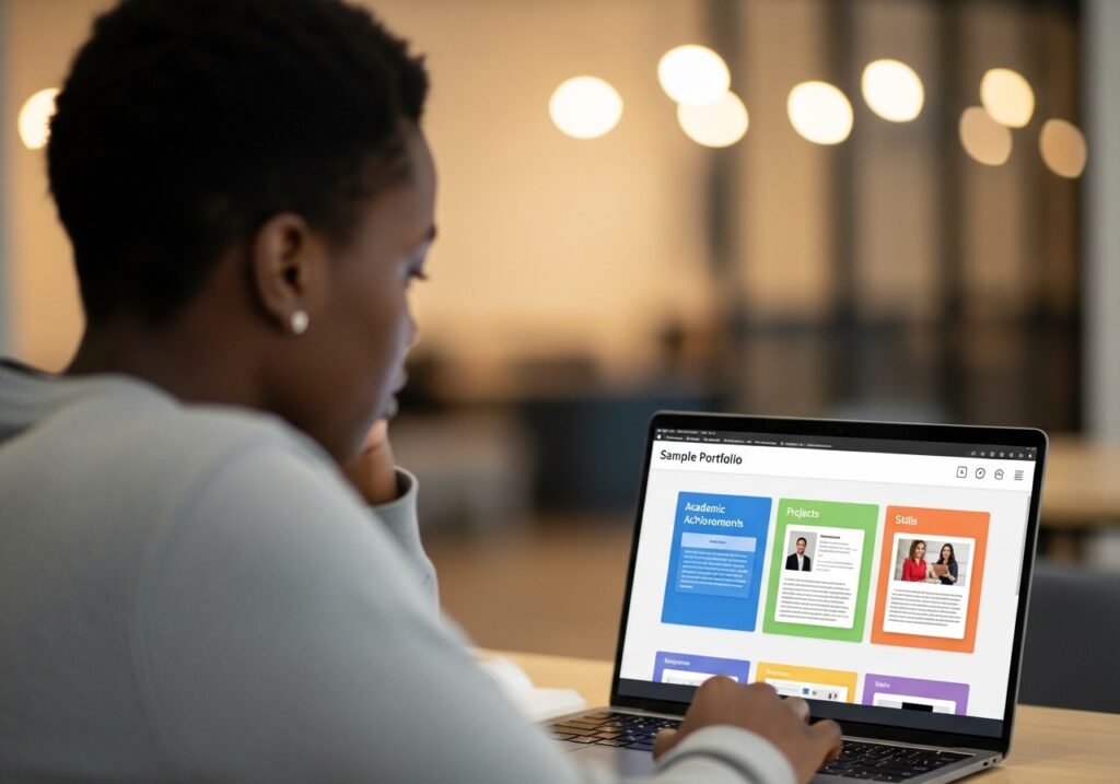 Student reviewing a sample portfolio on a laptop, screen displaying structured sections like academic achievements, projects, and skills, learning how portfolios are organized, calm and attentive environment