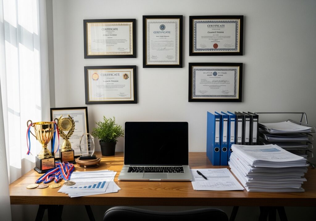 Desk setup with neatly arranged academic certificates, awards, project files, and printed documents, representing different components of a strong student portfolio, clean and organized layout