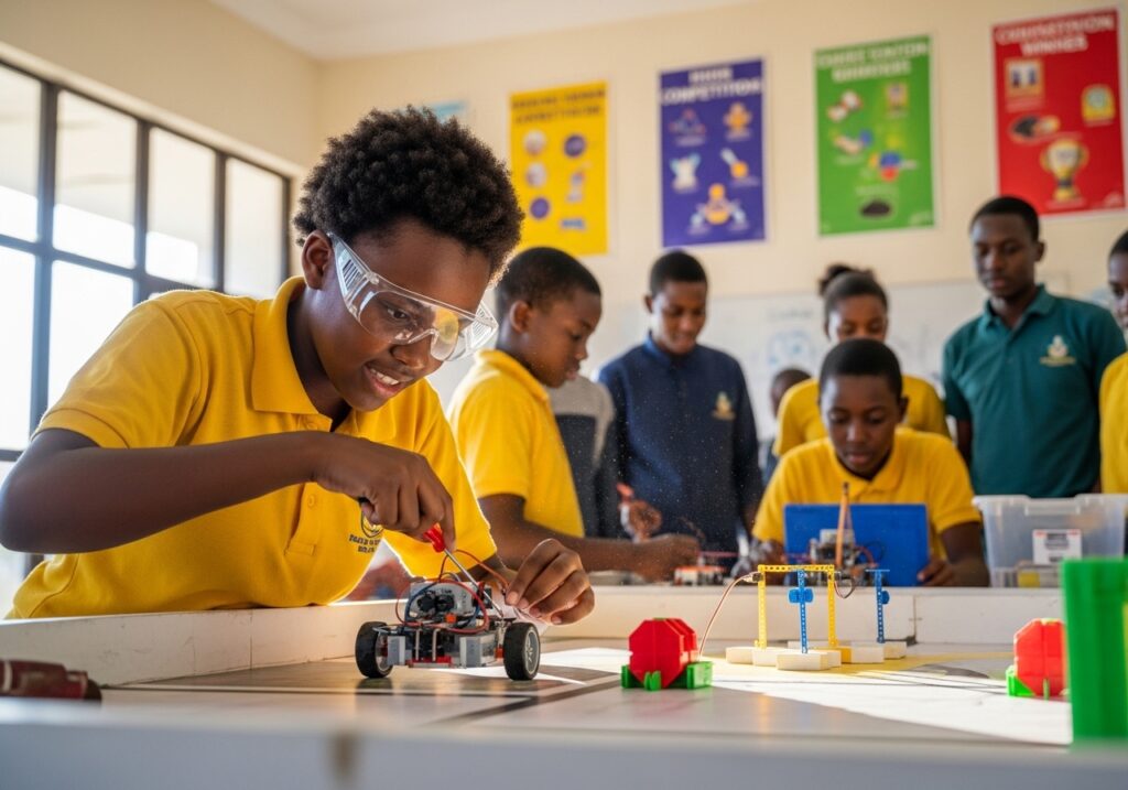 Student actively participating in an extracurricular activity such as a competition, project work, or volunteering, showing engagement and skill development in a real-life setting