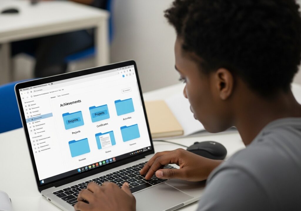 Student organizing files on laptop into folders labeled achievements, projects, certificates, and activities, structured digital workspace visible on screen