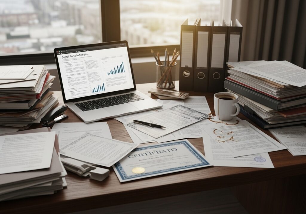 Messy desk with scattered documents, unorganized certificates, and cluttered files, showing poor presentation and lack of structure in portfolio building