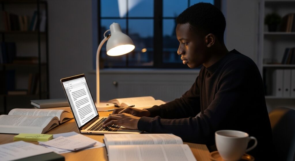 Student sitting in a quiet environment typing a personal statement on a laptop, focused expression, notes and drafts placed beside them, calm evening lighting creating a serious writing atmosphere