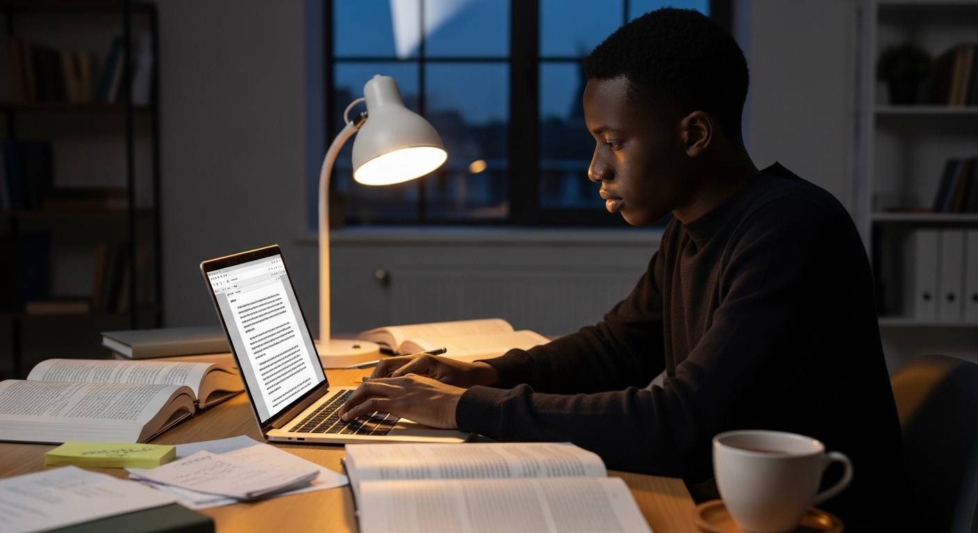 Student sitting in a quiet environment typing a personal statement on a laptop, focused expression, notes and drafts placed beside them, calm evening lighting creating a serious writing atmosphere